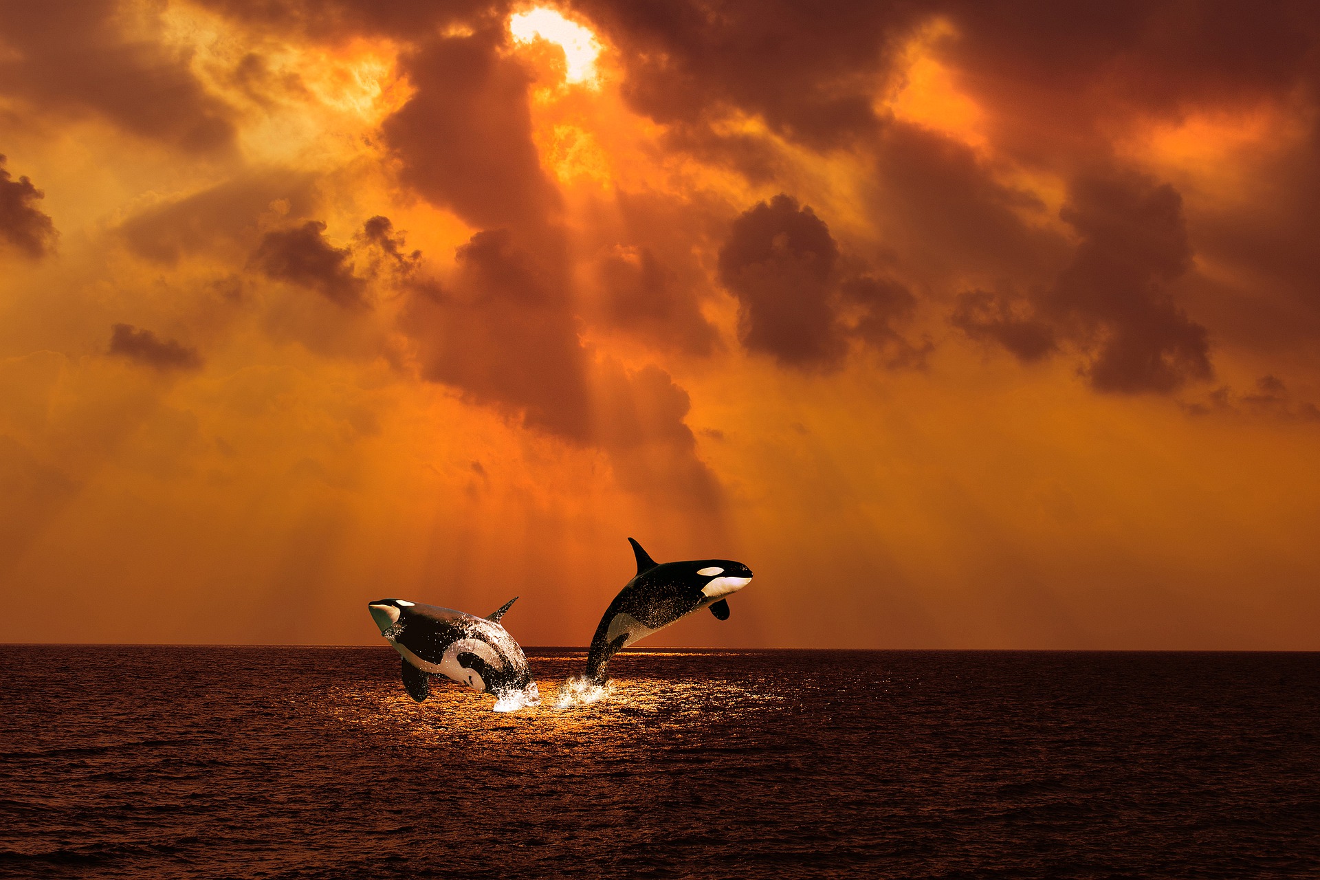 Under a sunny, orange sky with clouds, two orcas leap from the sea with joy!