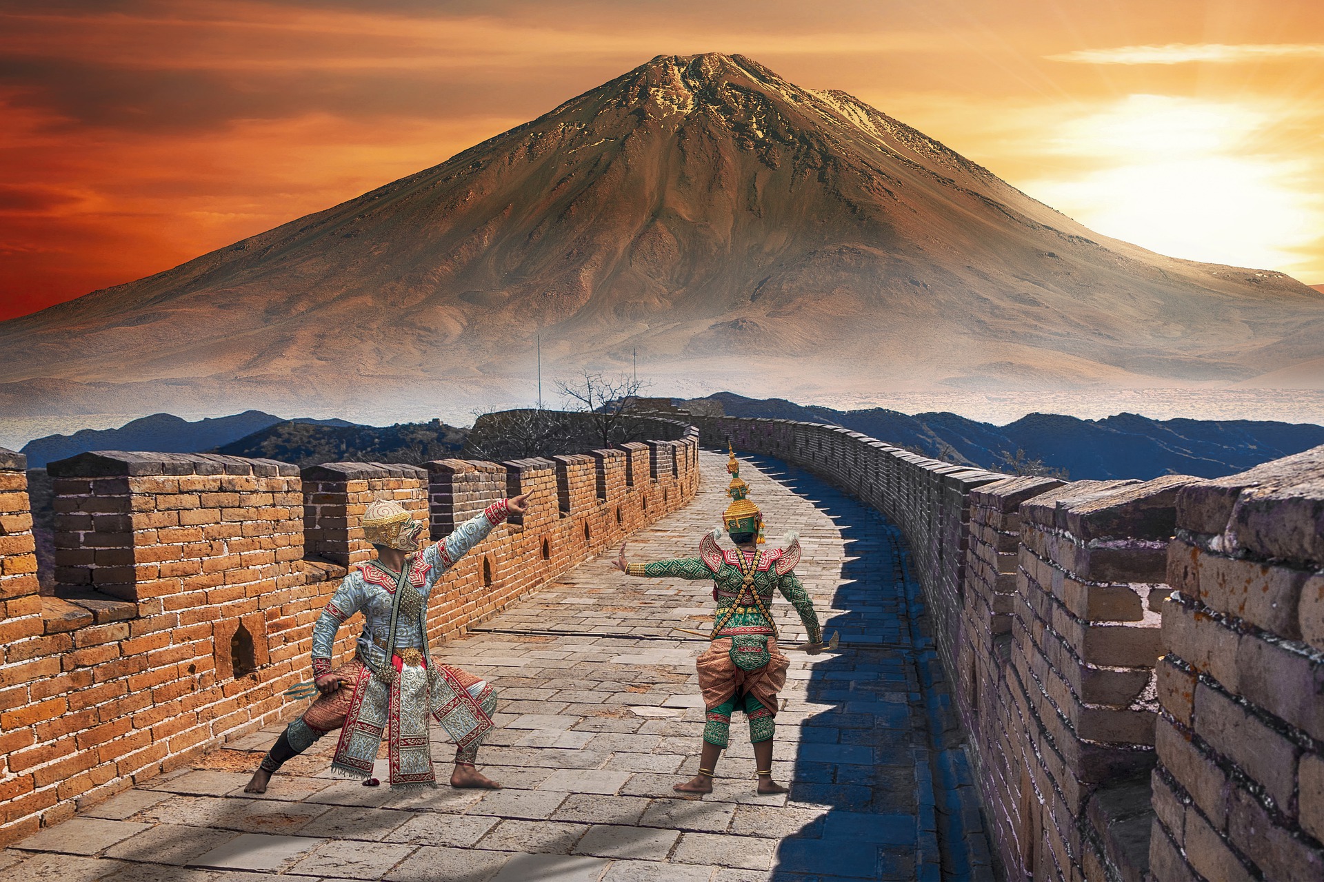 A fantasy image of a sun rising beyond a volcano-like mountain. In the foreground is a giant wall - like the Great Wall of China - stretching back to the mountain. On top of the wall, there are two humans in very colourful dress and elaborate golden headgear. The one in blue points at the sun. The one in green has an arm outstretched to the other, perhaps suggesting the need for a spiritual silence.