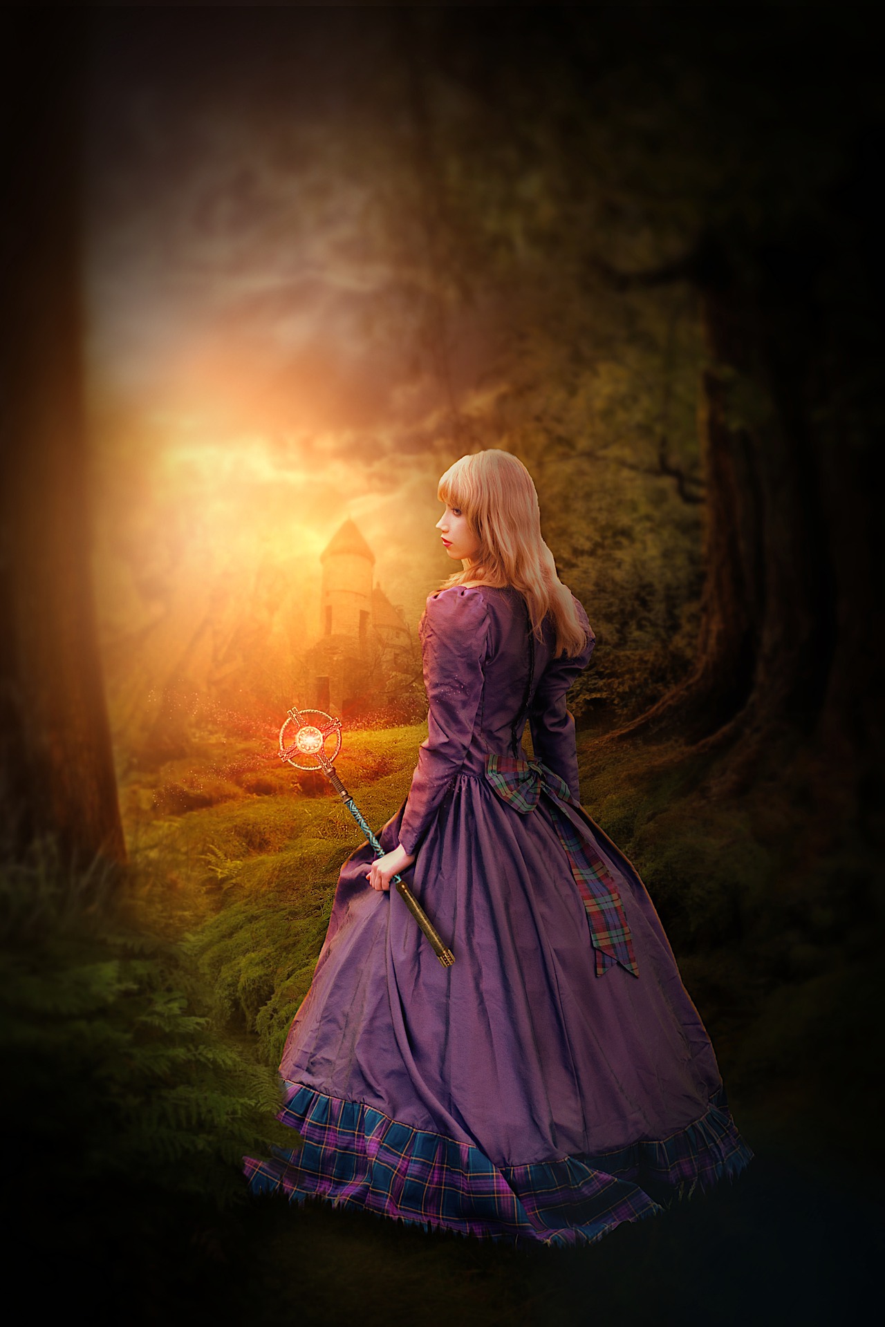 An otherworldly woman in an elaborate and wide purple dress is at the edge of a forest. She carries a magical wand with a circular tip which has a large glowing gem set in its centre. She seems to be pausing, looking back or to the side. Beyond the edge of the forest, the sun is rising behind the castle and its tower.