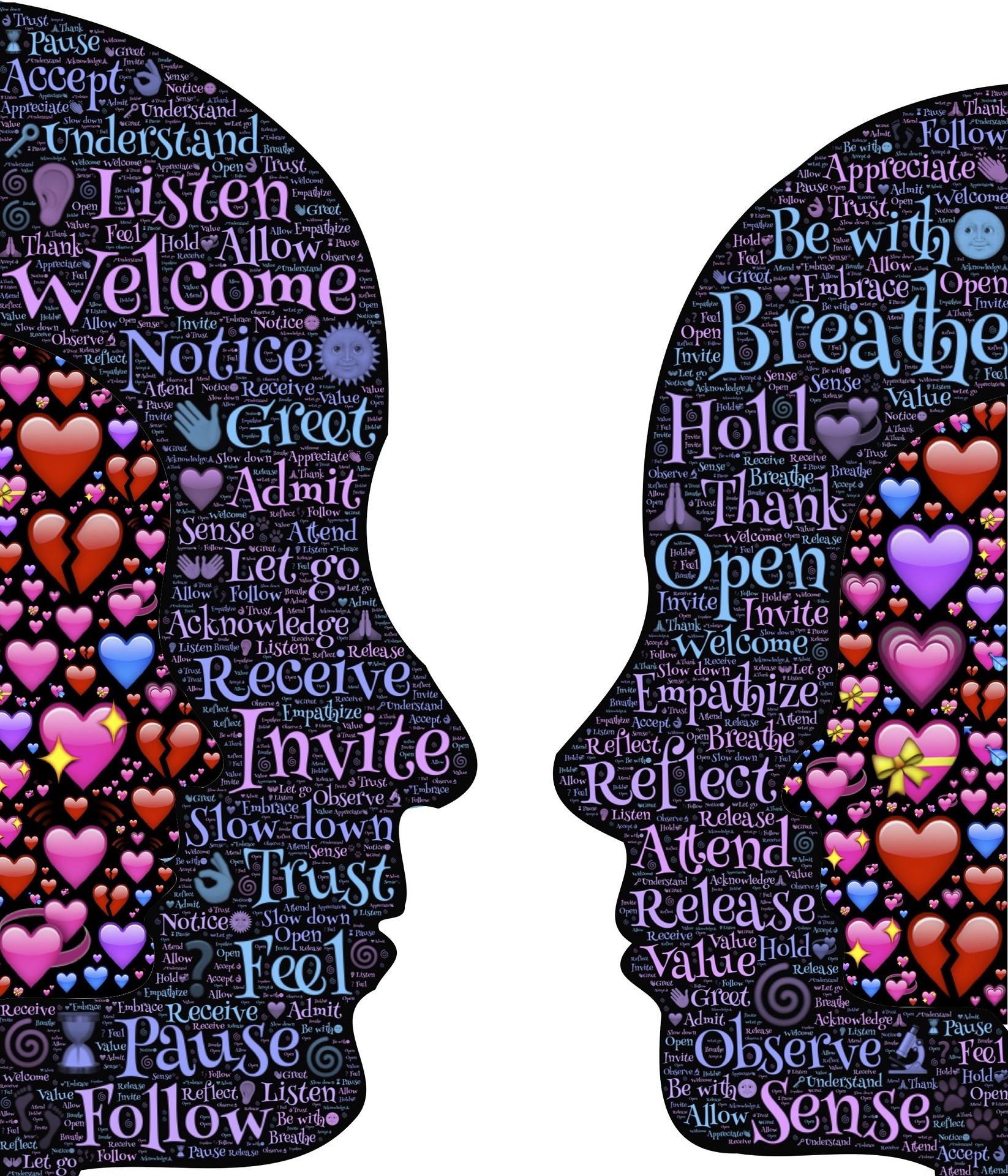A graphic of two faces facing each other. Many words like 'listen' and 'be with' are in their heads, as well as many heart symbols.