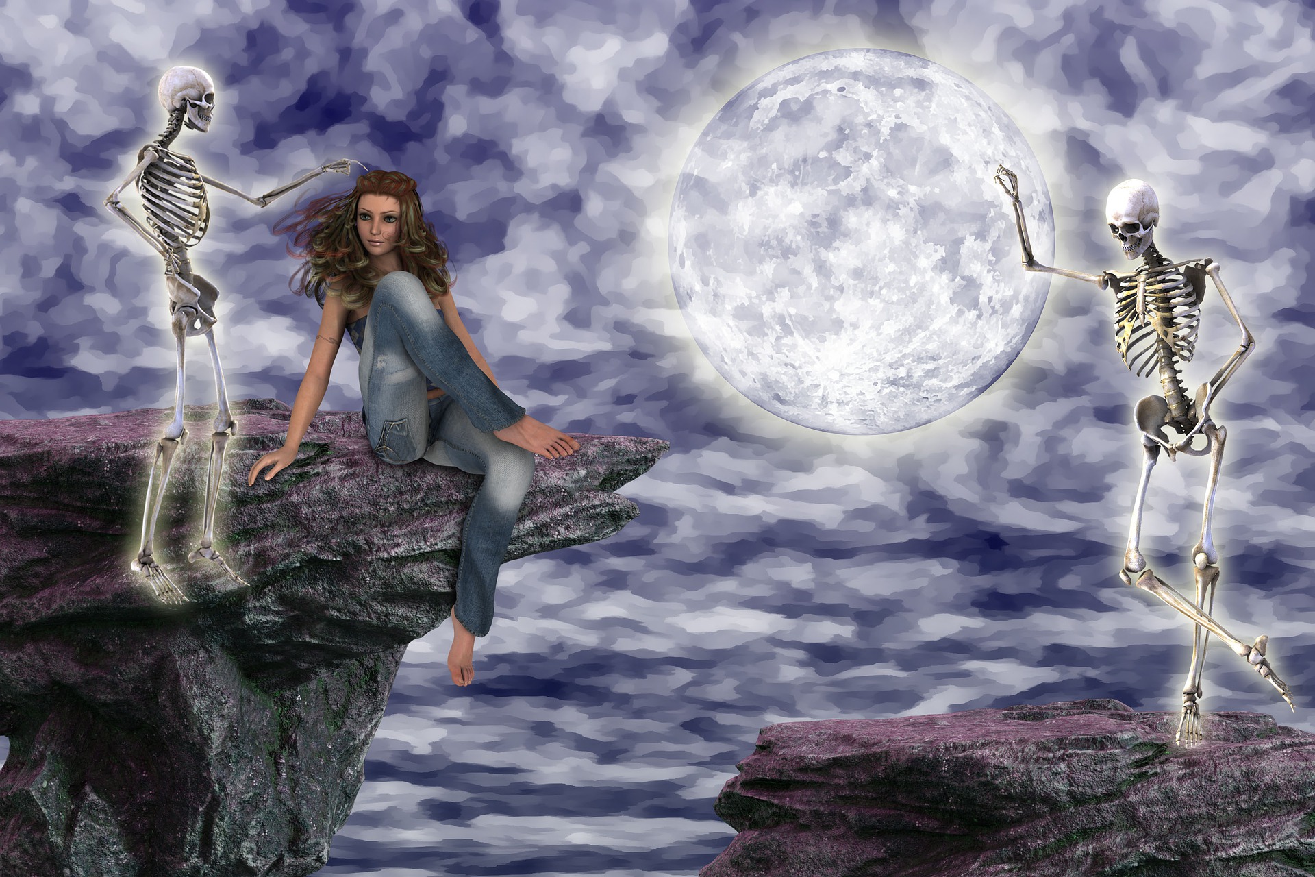 On a cliff edge, a young woman is perched, seated and cross-legged. A standing skeleton scrapes her hair. On a nearby cliff another standing skeleton looks on. A full moon shines on. The latter skeleton appears to be leaning on the moon.